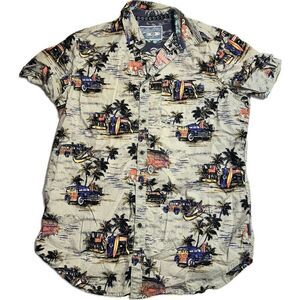 Huntington 1984 Beach Club Car Palm Tree Hawaiian Short‎ Sleeve Button M Blue